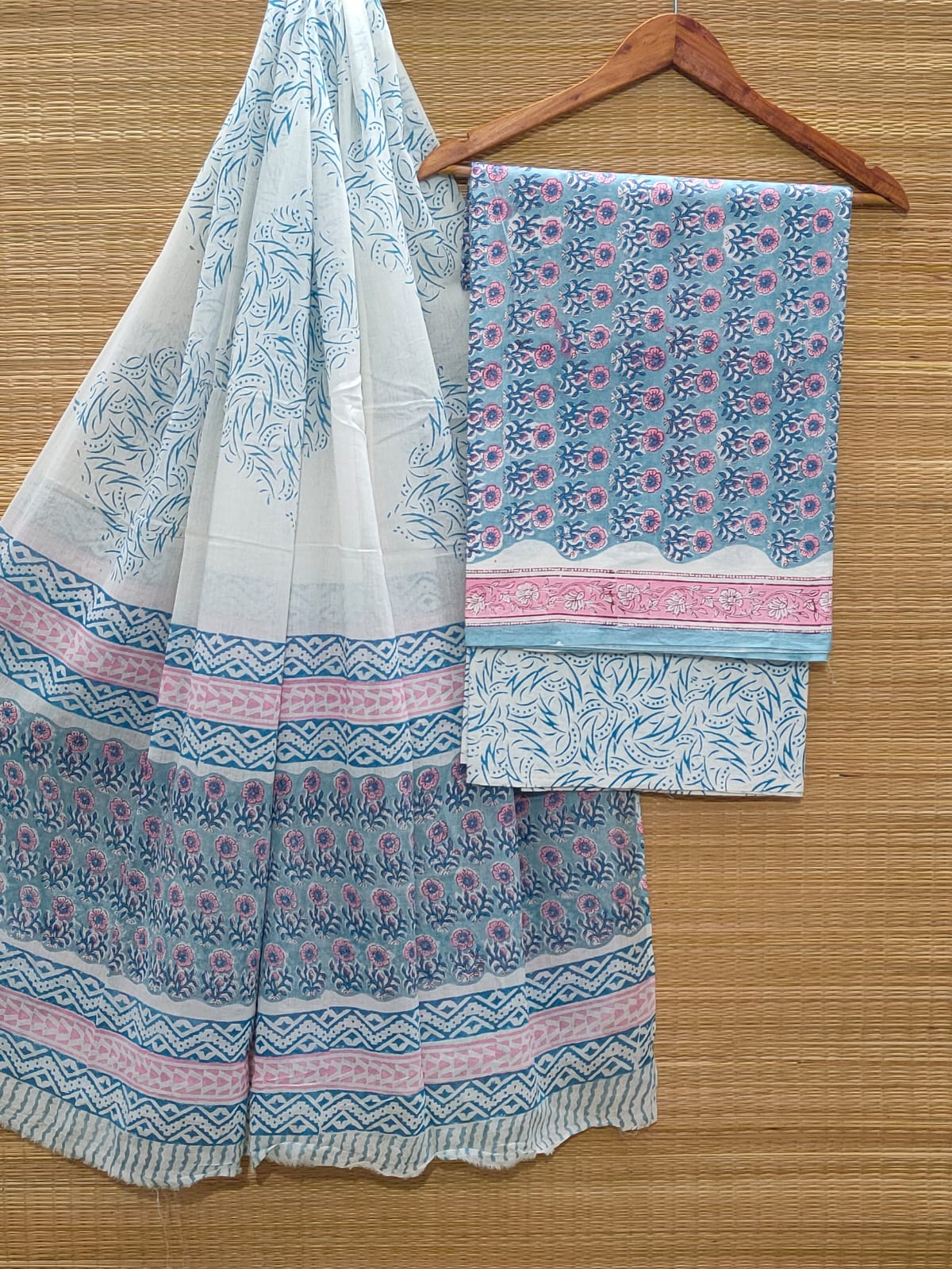 Hand Block Pure Cotton Unstitched Salwar Suit Set With Cotton/Mulmul Dupatta - JBCM855
