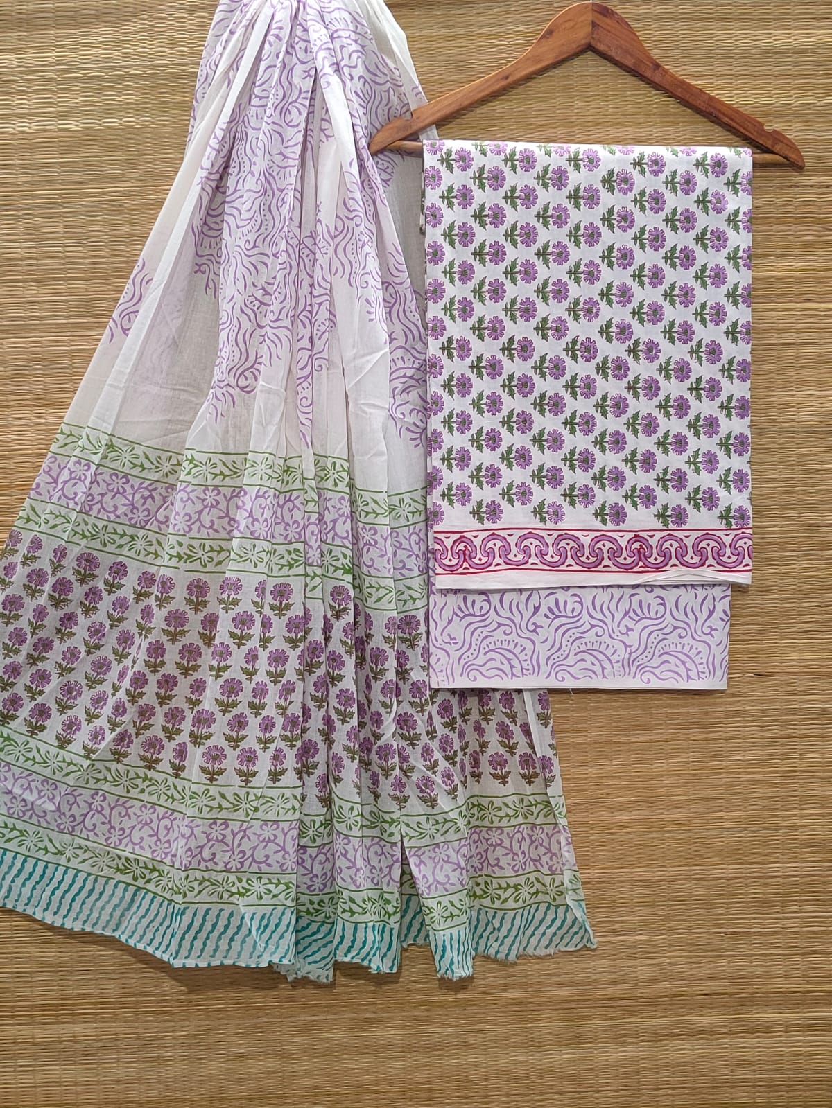 Hand Block Cotton Unstitched Salwar Suit With Cotton/Mulmul Dupatta - JBCM857