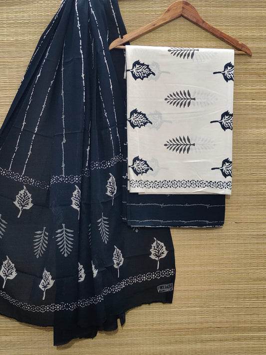 Pure Cotton Hand Block Unstitched Salwar Suit Set With Cotton/Mulmul Dupatta - JBCM862