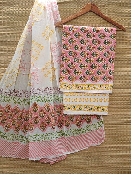 Hand Block Pure Cotton Unstitched Salwar Suit Set With Cotton/Mulmul Dupatta - JBCM864
