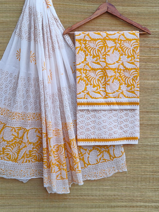 Hand Block Pure Cotton Unstitched Salwar Suit Set With Cotton/Mulmul Dupatta - JBCM820