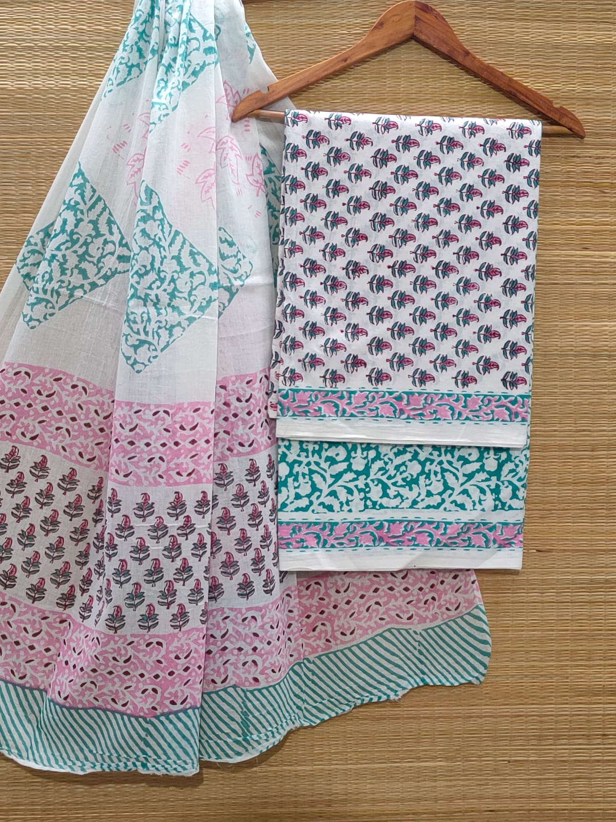 Pure Cotton Hand Block Unstitched Salwar Suit Set With Cotton/Mulmul Dupatta - JBCM865
