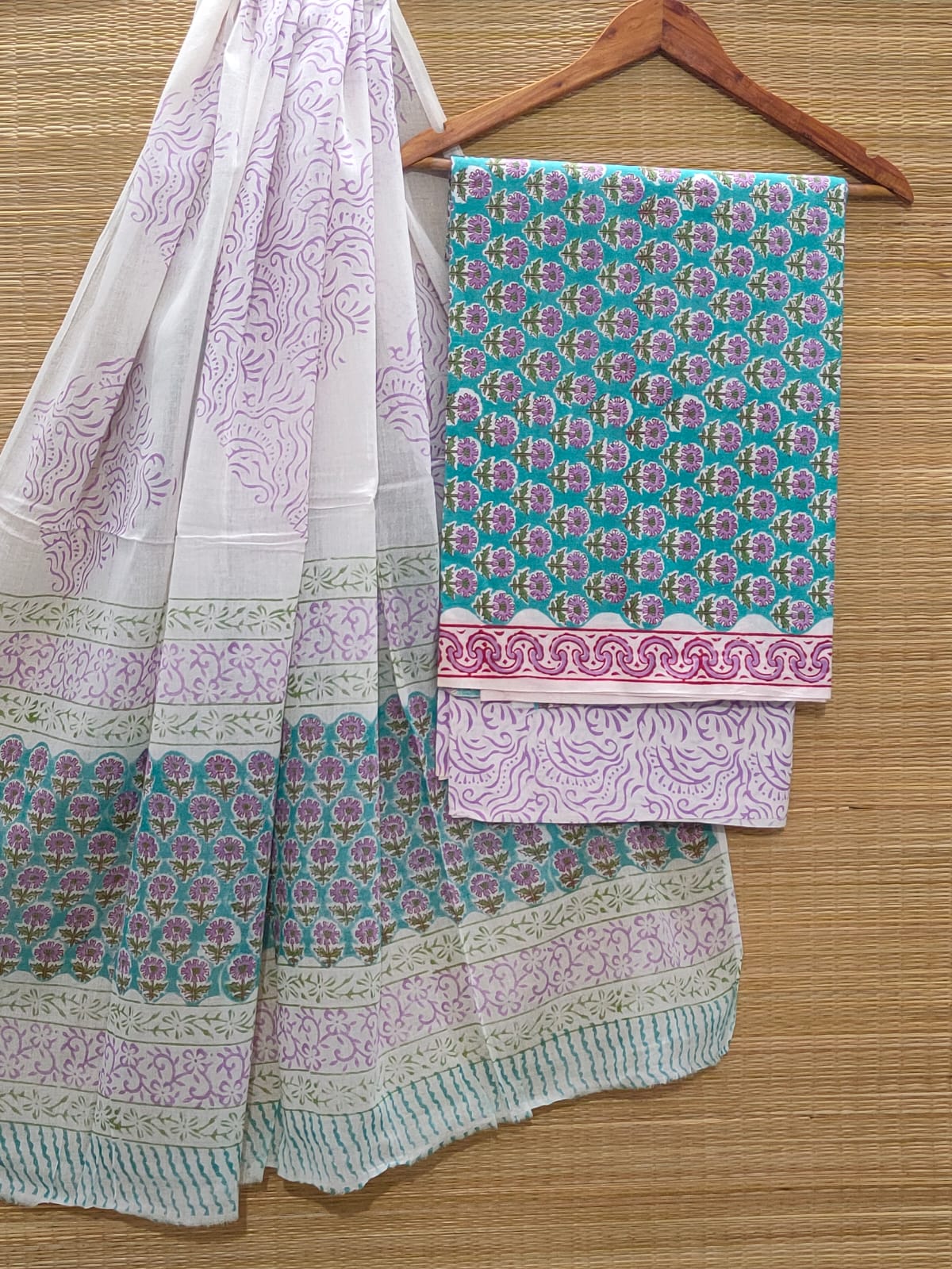Hand Block Pure Cotton Unstitched Salwar Suit Set With Cotton/Mulmul Dupatta - JBCM867