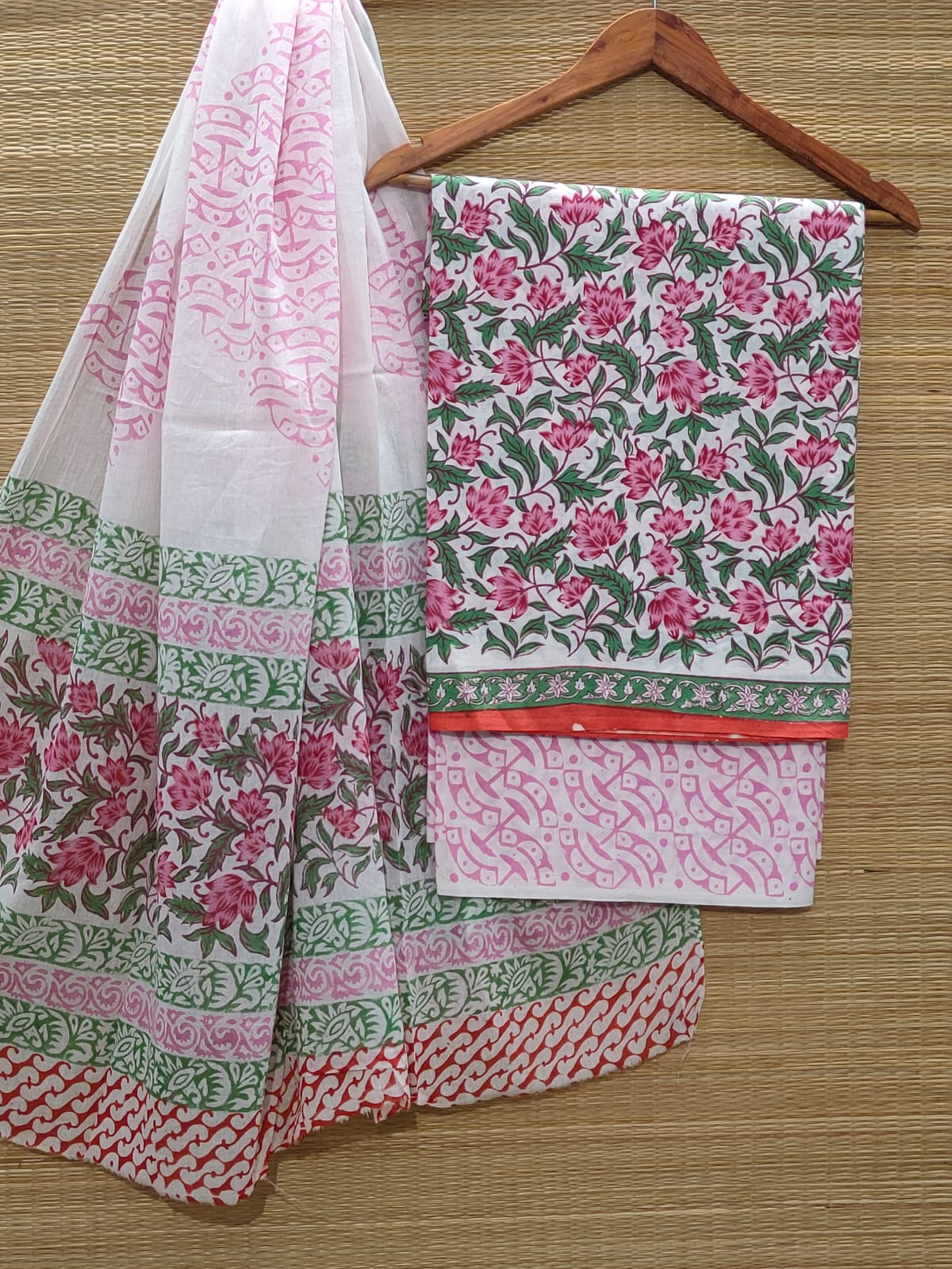 Pure Cotton Hand Block Unstitched Salwar Suit Set With Cotton/Mulmul Dupatta - JBCM868