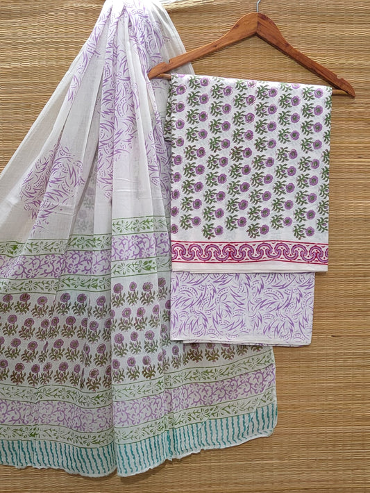 Hand Block Cotton Unstitched Salwar Suit With Cotton/Mulmul Dupatta - JBCM869