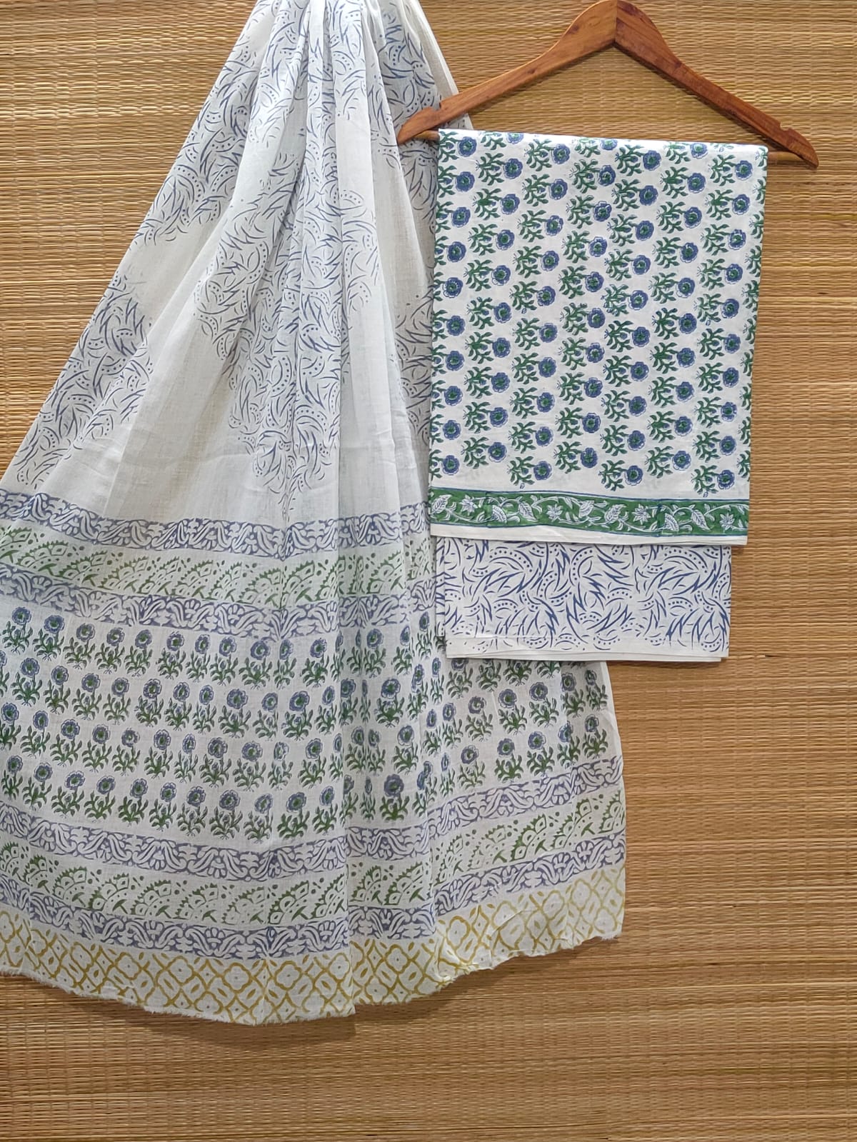 Pure Cotton Hand Block Unstitched Salwar Suit Set With Cotton/Mulmul Dupatta - JBCM871