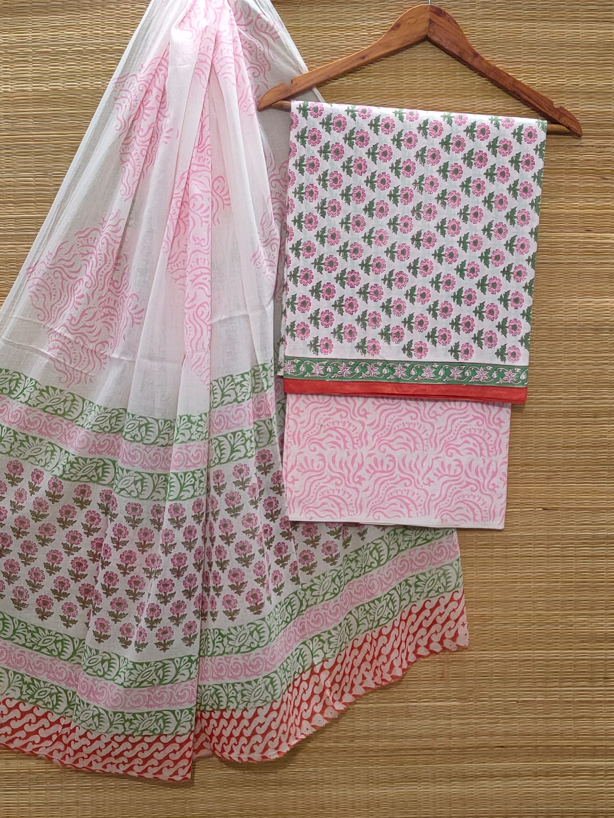 Hand Block Pure Cotton Unstitched Salwar Suit Set With Cotton/Mulmul Dupatta - JBCM873