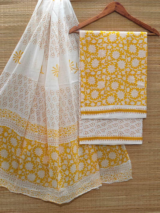 Pure Cotton Hand Block Unstitched Salwar Suit Set With Cotton/Mulmul Dupatta - JBCM874