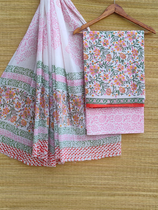 Pure Cotton Hand Block Unstitched Salwar Suit Set With Cotton/Mulmul Dupatta - JBCM821