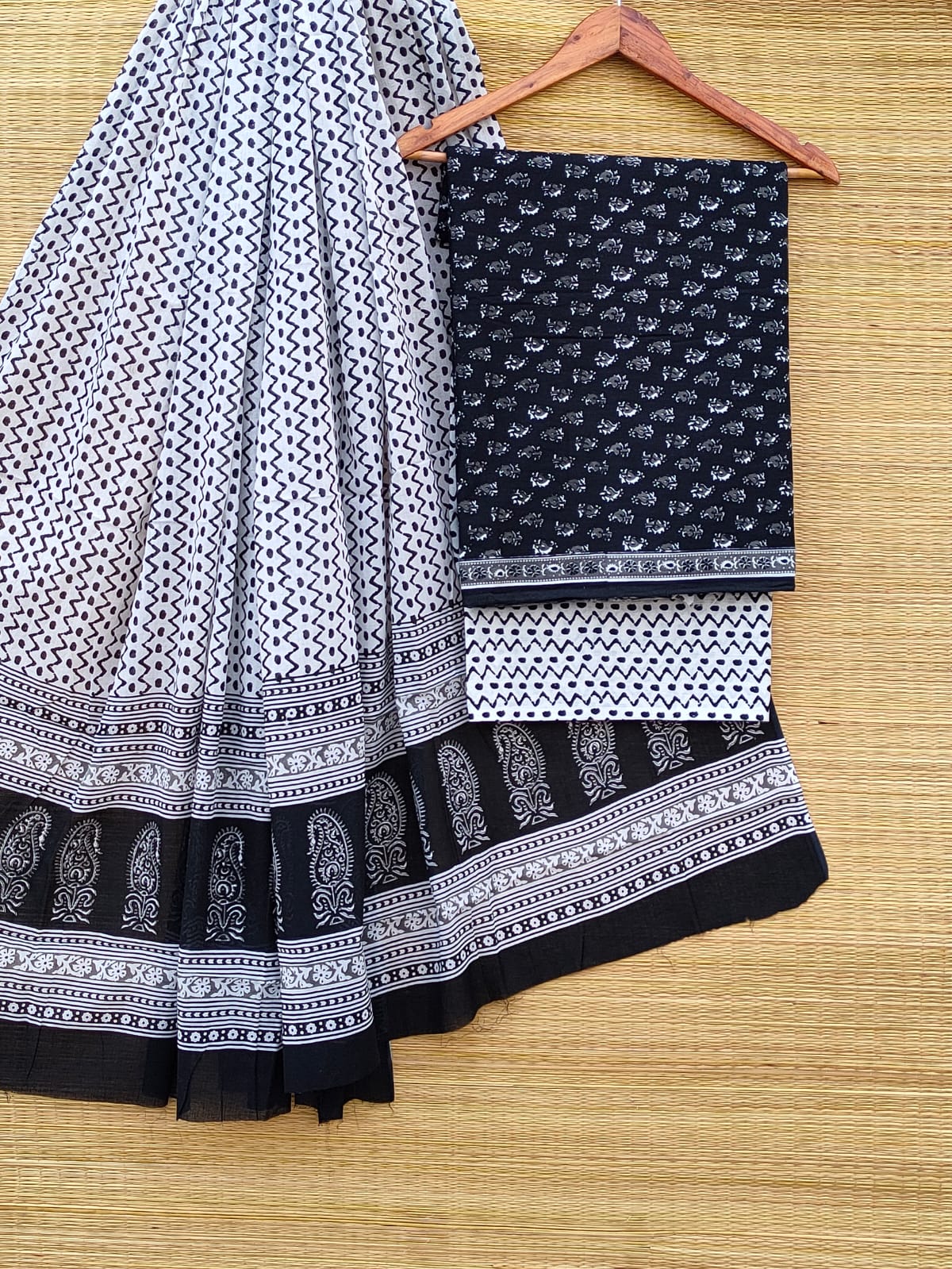 Pure Cotton Hand Block Unstitched Salwar Suit Set With Cotton/Mulmul Dupatta - JBCM877