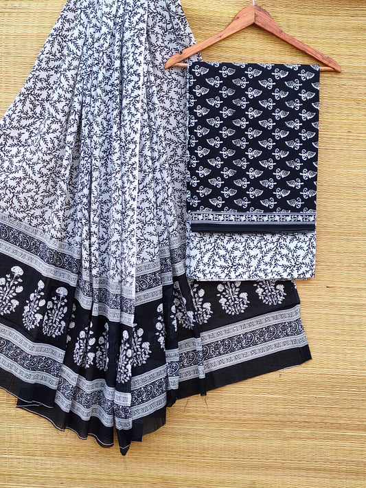 Hand Block Cotton Unstitched Salwar Suit With Cotton/Mulmul Dupatta - JBCM878