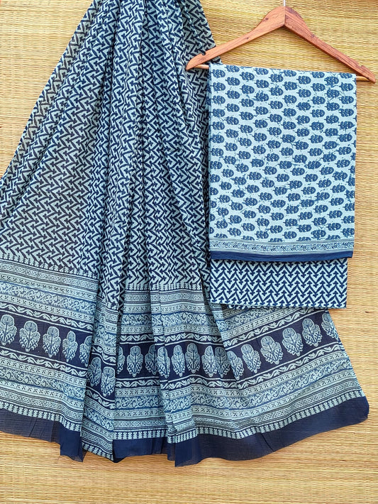 Pure Cotton Hand Block Unstitched Salwar Suit Set With Cotton/Mulmul Dupatta - JBCM880