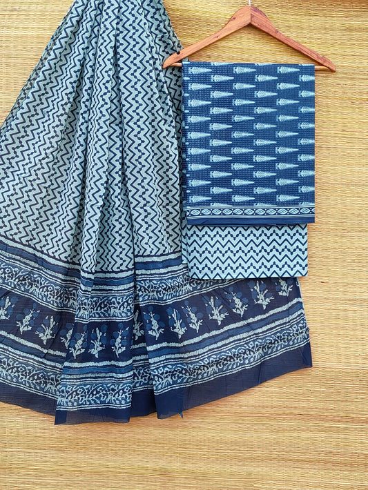 Hand Block Cotton Unstitched Salwar Suit With Cotton/Mulmul Dupatta - JBCM881