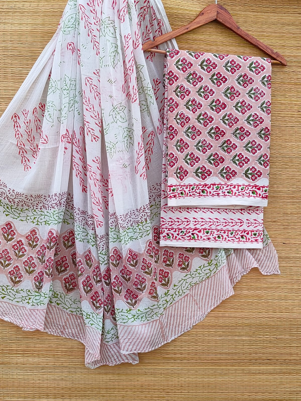 Hand Block Pure Cotton Unstitched Salwar Suit Set With Cotton/Mulmul Dupatta - JBCM882