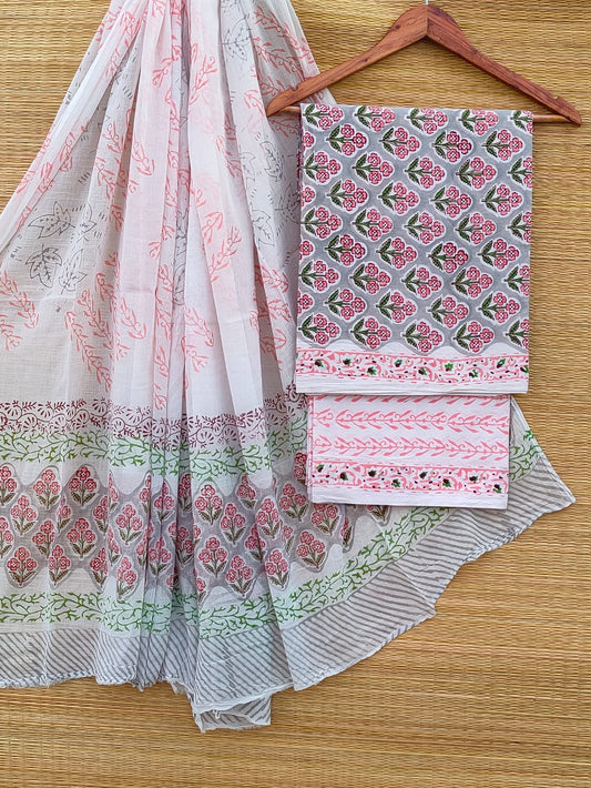 Pure Cotton Hand Block Unstitched Salwar Suit Set With Cotton/Mulmul Dupatta - JBCM883