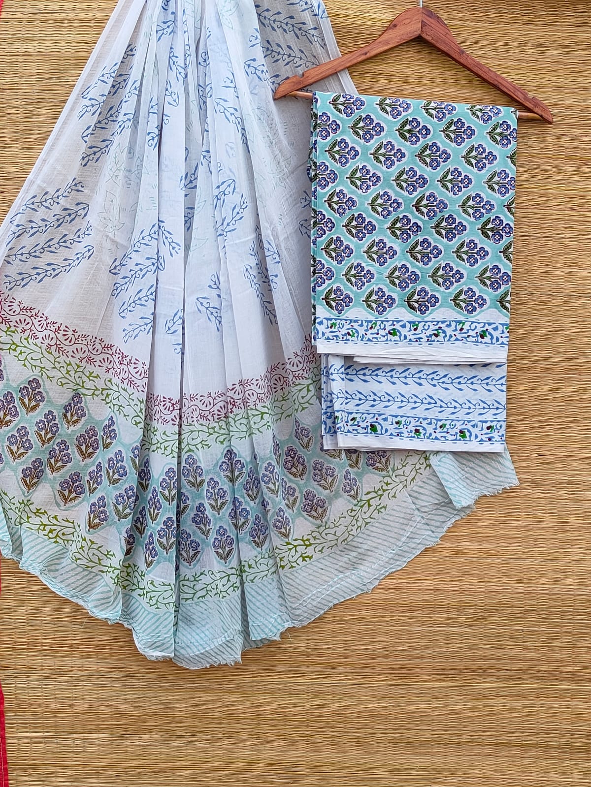 Hand Block Cotton Unstitched Salwar Suit With Cotton/Mulmul Dupatta - JBCM884