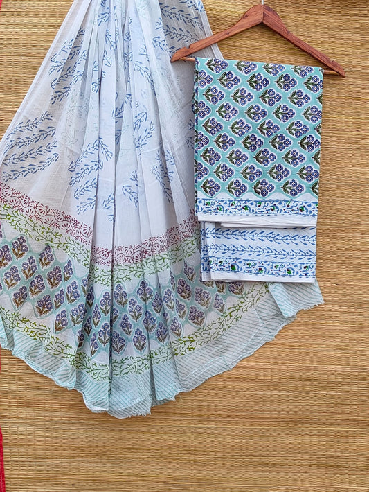 Hand Block Cotton Unstitched Salwar Suit With Cotton/Mulmul Dupatta - JBCM884