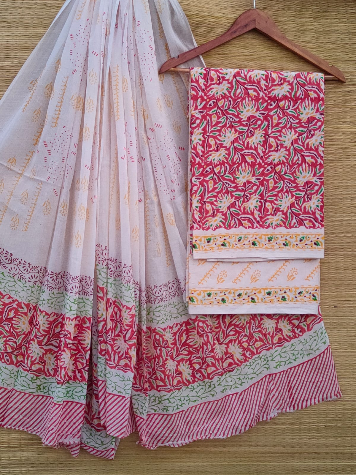 Hand Block Cotton Unstitched Salwar Suit With Cotton/Mulmul Dupatta - JBCM822