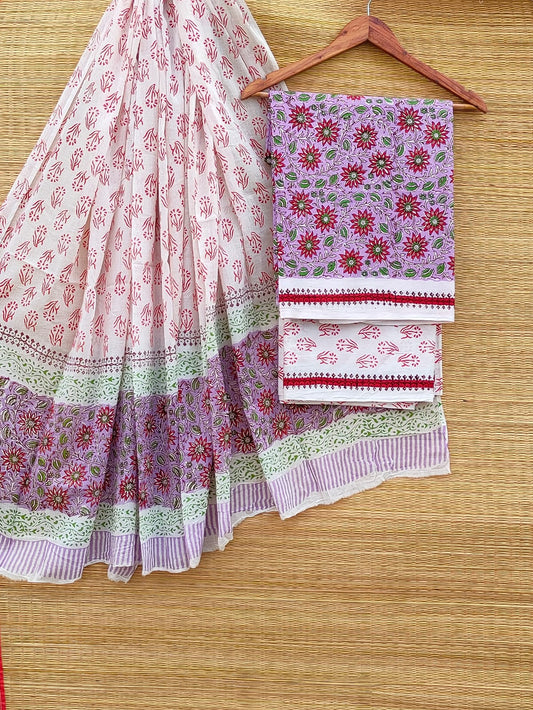 Hand Block Pure Cotton Unstitched Salwar Suit Set With Cotton/Mulmul Dupatta - JBCM885