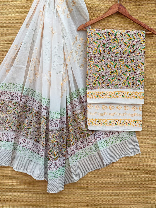 Pure Cotton Hand Block Unstitched Salwar Suit Set With Cotton/Mulmul Dupatta - JBCM886