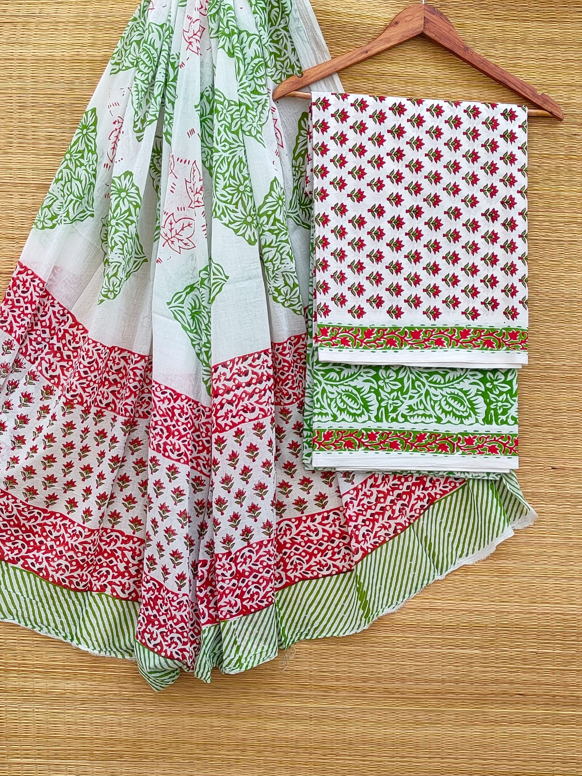 Hand Block Pure Cotton Unstitched Salwar Suit Set With Cotton/Mulmul Dupatta - JBCM888