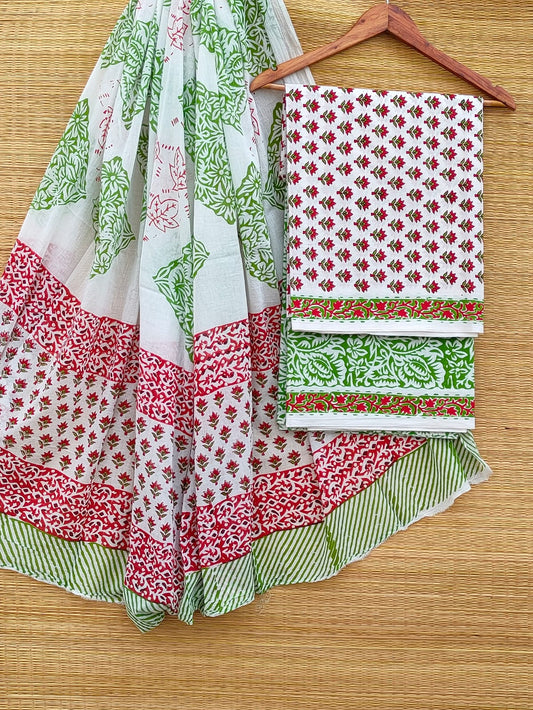 Hand Block Pure Cotton Unstitched Salwar Suit Set With Cotton/Mulmul Dupatta - JBCM888