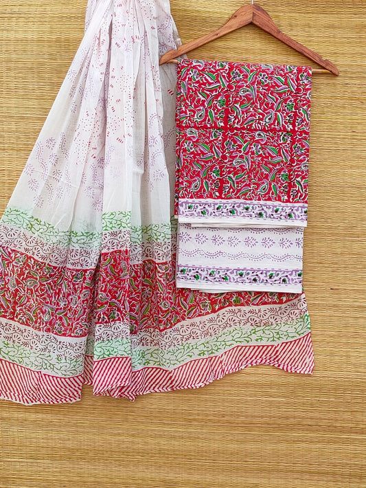Hand Block Cotton Unstitched Salwar Suit With Cotton/Mulmul Dupatta - JBCM890