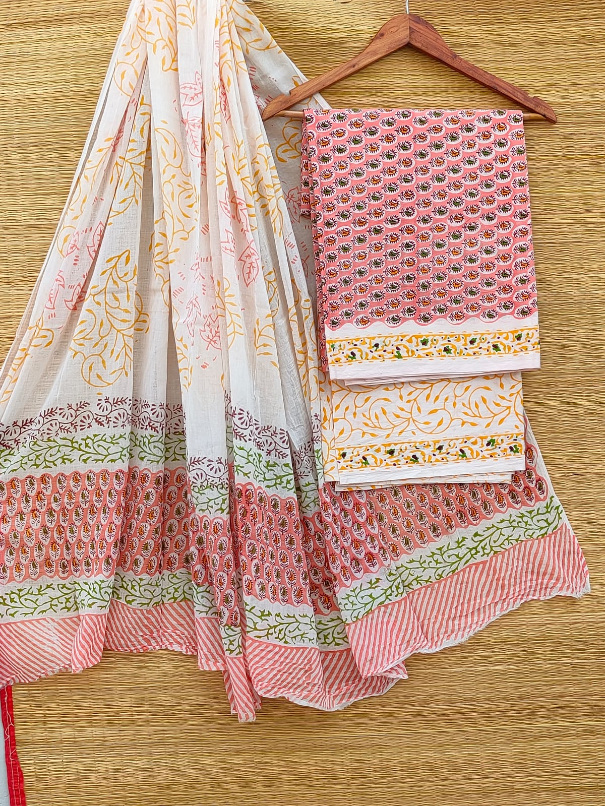 Hand Block Pure Cotton Unstitched Salwar Suit Set With Cotton/Mulmul Dupatta - JBCM891
