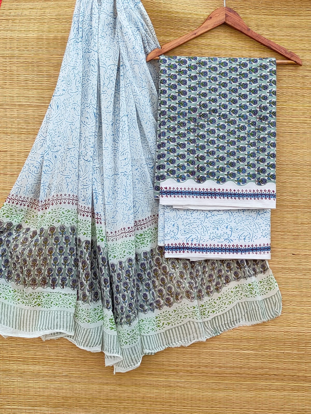Pure Cotton Hand Block Unstitched Salwar Suit Set With Cotton/Mulmul Dupatta - JBCM892