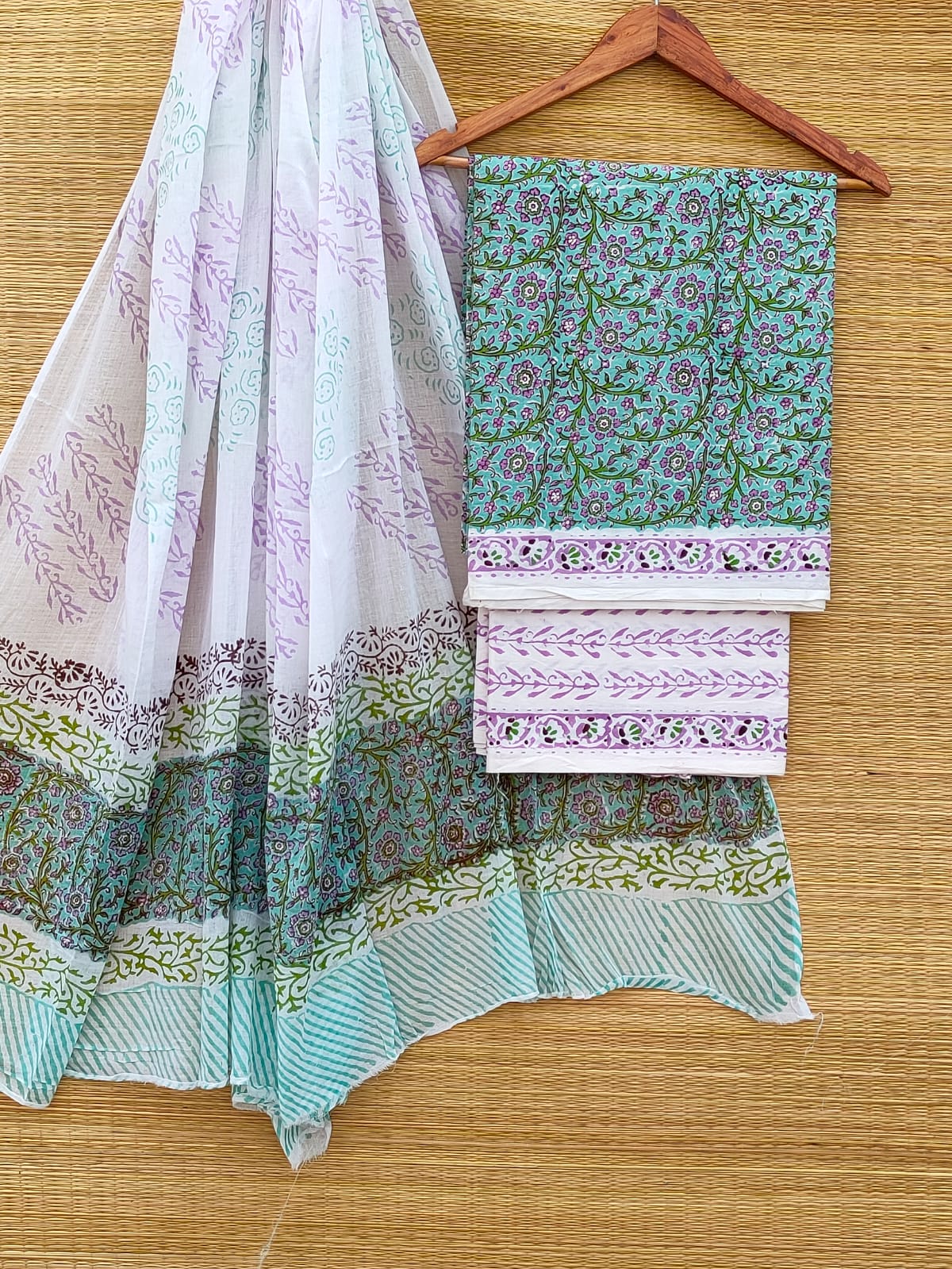 Hand Block Cotton Unstitched Salwar Suit With Cotton/Mulmul Dupatta - JBCM893