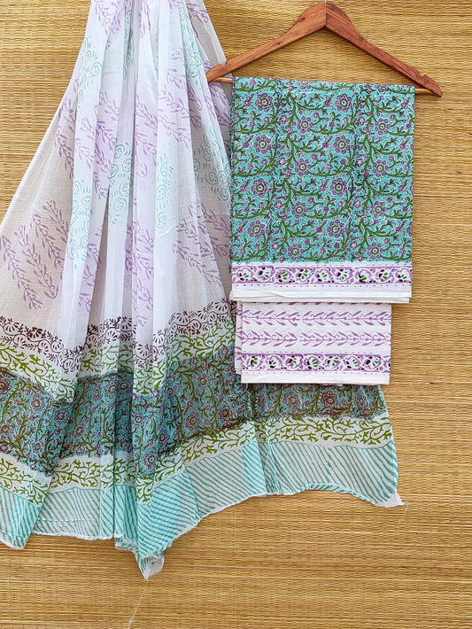 Hand Block Cotton Unstitched Salwar Suit With Cotton/Mulmul Dupatta - JBCM893