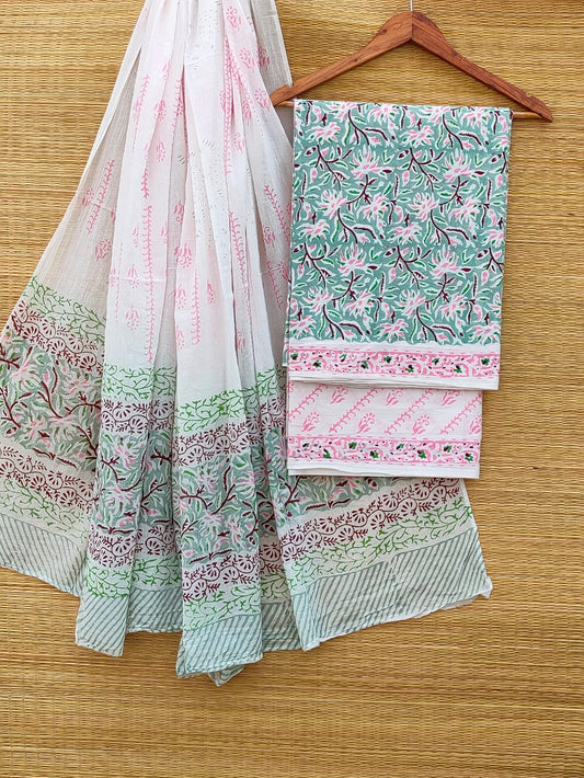 Hand Block Pure Cotton Unstitched Salwar Suit Set With Cotton/Mulmul Dupatta - JBCM894