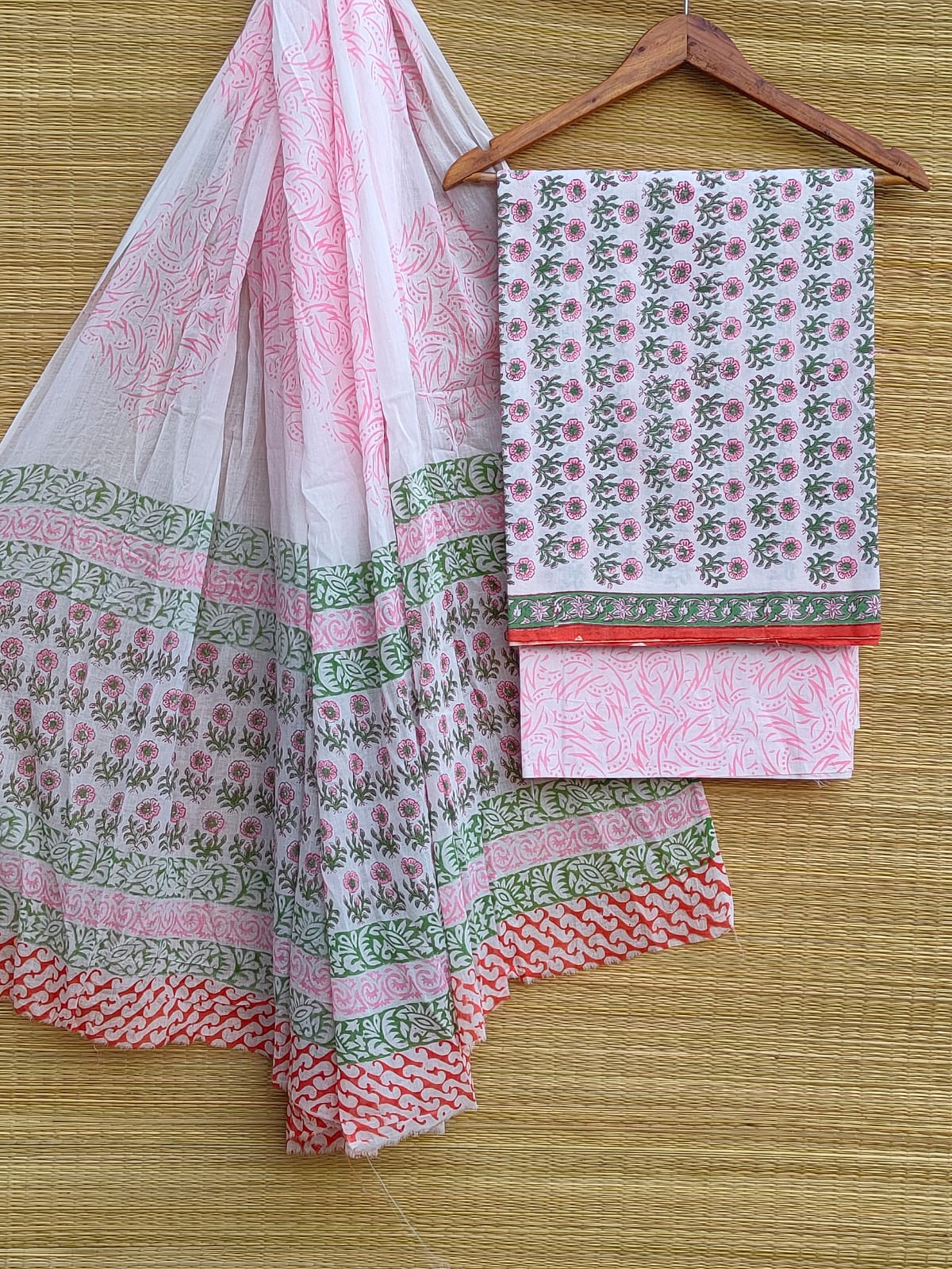 Hand Block Pure Cotton Unstitched Salwar Suit Set With Cotton/Mulmul Dupatta - JBCM823