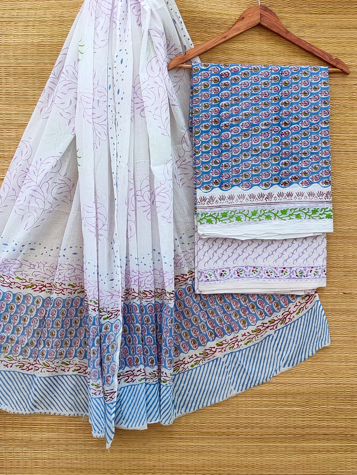 Pure Cotton Hand Block Unstitched Salwar Suit Set With Cotton/Mulmul Dupatta - JBCM895