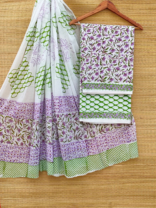 Hand Block Cotton Unstitched Salwar Suit With Cotton/Mulmul Dupatta - JBCM896