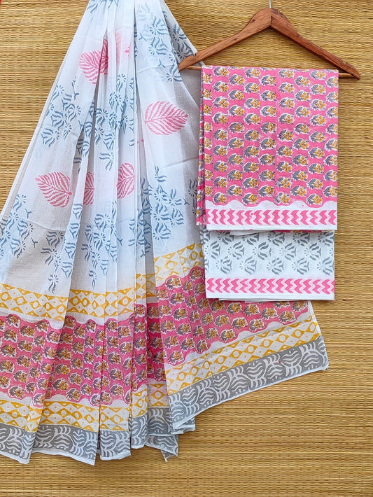 Pure Cotton Hand Block Unstitched Salwar Suit Set With Cotton/Mulmul Dupatta - JBCM898