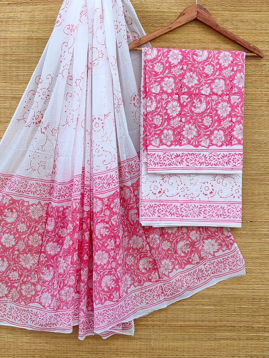 Hand Block Cotton Unstitched Salwar Suit With Cotton/Mulmul Dupatta - JBCM899