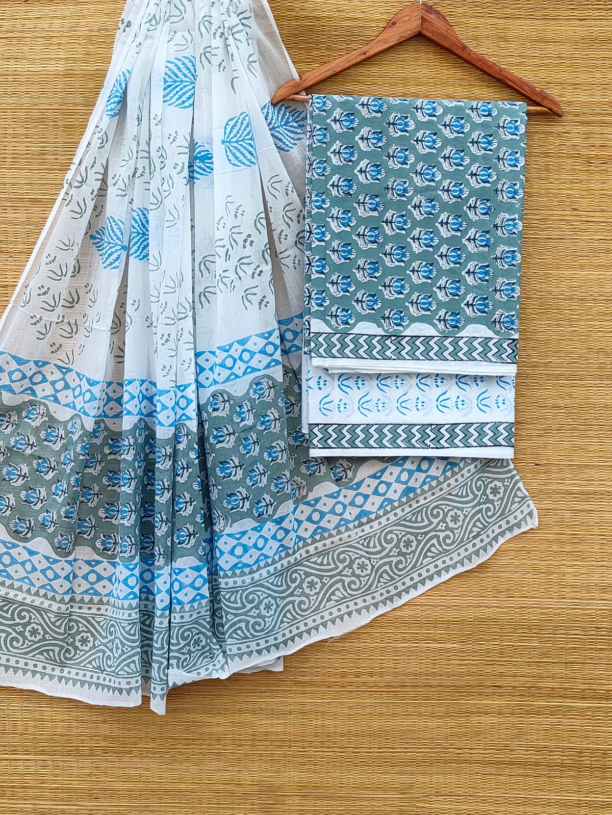 Hand Block Pure Cotton Unstitched Salwar Suit Set With Cotton/Mulmul Dupatta - JBCM900