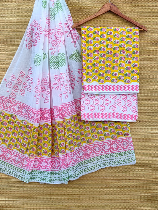 Pure Cotton Hand Block Unstitched Salwar Suit Set With Cotton/Mulmul Dupatta - JBCM901