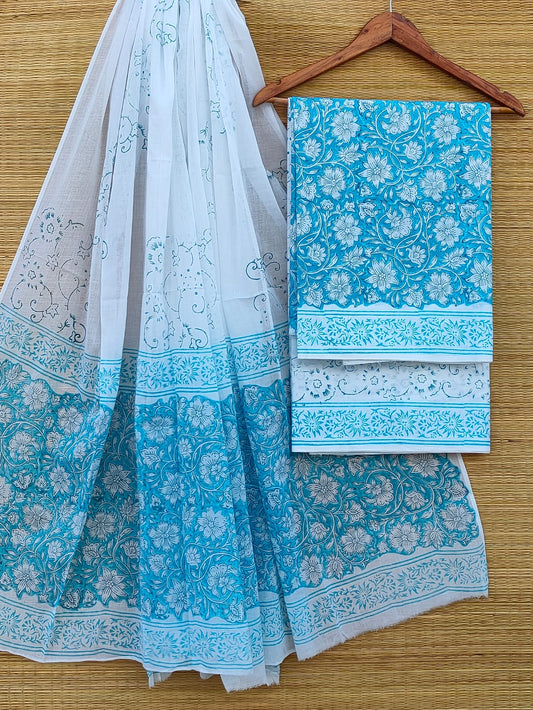 Hand Block Cotton Unstitched Salwar Suit With Cotton/Mulmul Dupatta - JBCM902