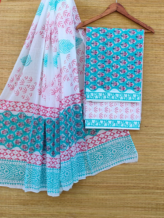 Hand Block Pure Cotton Unstitched Salwar Suit Set With Cotton/Mulmul Dupatta - JBCM903