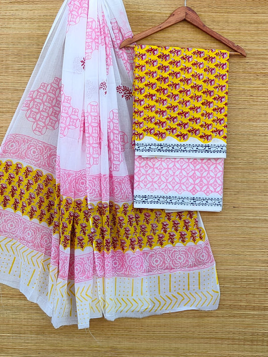 Pure Cotton Hand Block Unstitched Salwar Suit Set With Cotton/Mulmul Dupatta - JBCM904