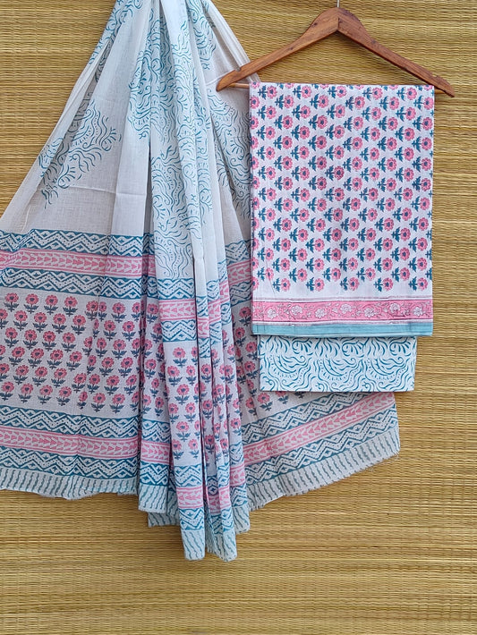 Pure Cotton Hand Block Unstitched Salwar Suit Set With Cotton/Mulmul Dupatta - JBCM824