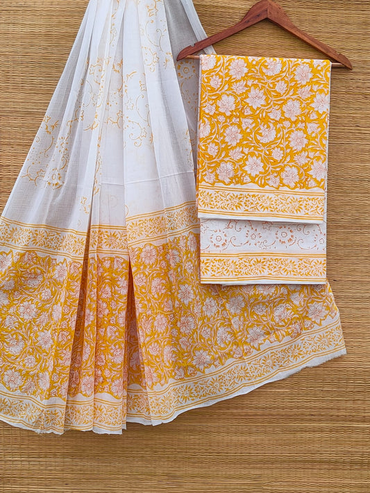 Pure Cotton Hand Block Unstitched Salwar Suit Set With Cotton/Mulmul Dupatta - JBCM907