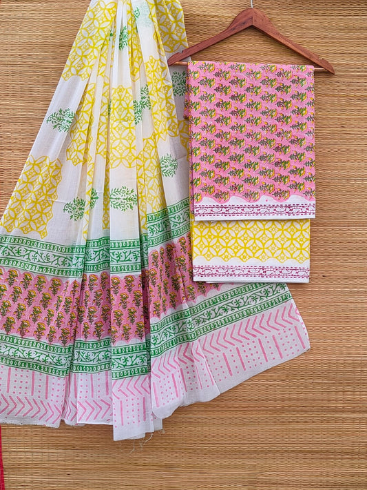 Hand Block Cotton Unstitched Salwar Suit With Cotton/Mulmul Dupatta - JBCM908