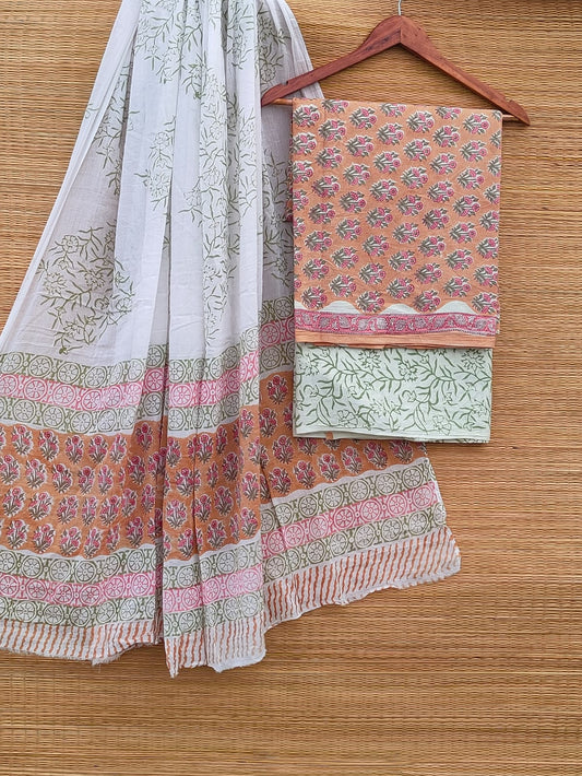 Hand Block Pure Cotton Unstitched Salwar Suit Set With Cotton/Mulmul Dupatta - JBCM909