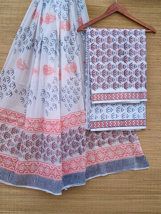 Hand Block Pure Cotton Unstitched Salwar Suit Set With Cotton/Mulmul Dupatta - JBCM912