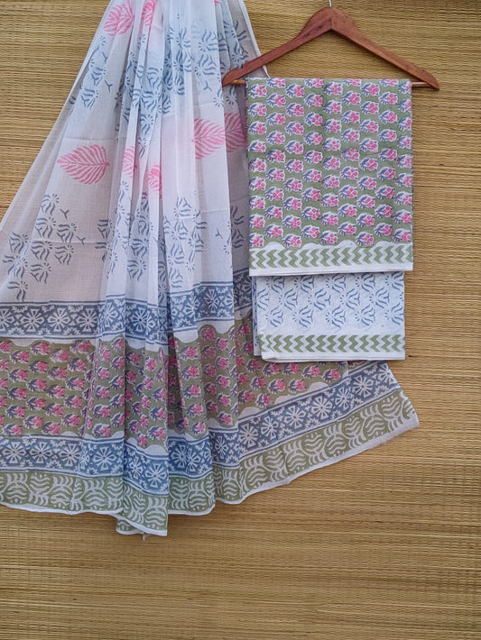 Pure Cotton Hand Block Unstitched Salwar Suit Set With Cotton/Mulmul Dupatta - JBCM913