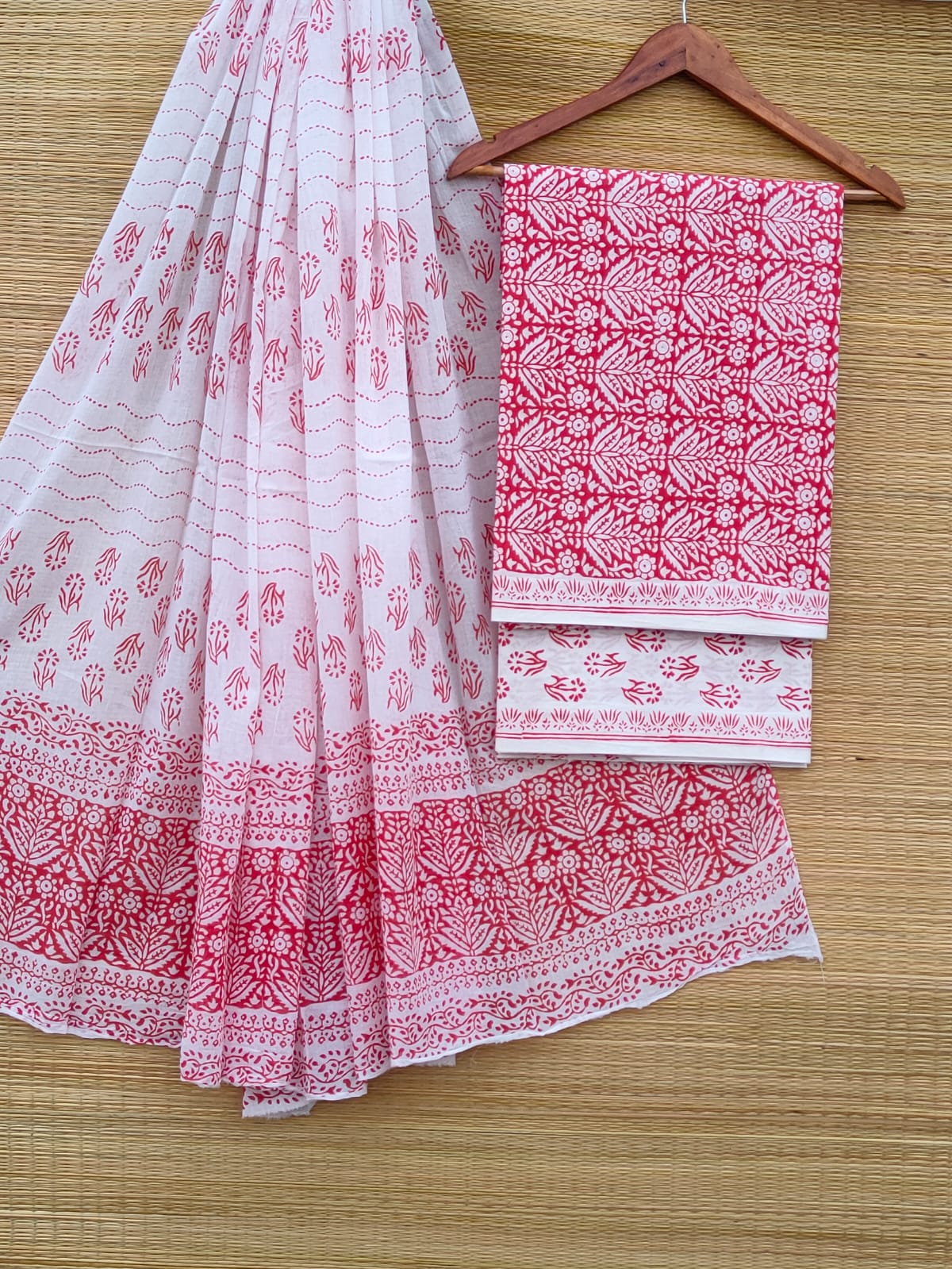 Hand Block Cotton Unstitched Salwar Suit With Cotton/Mulmul Dupatta - JBCM914