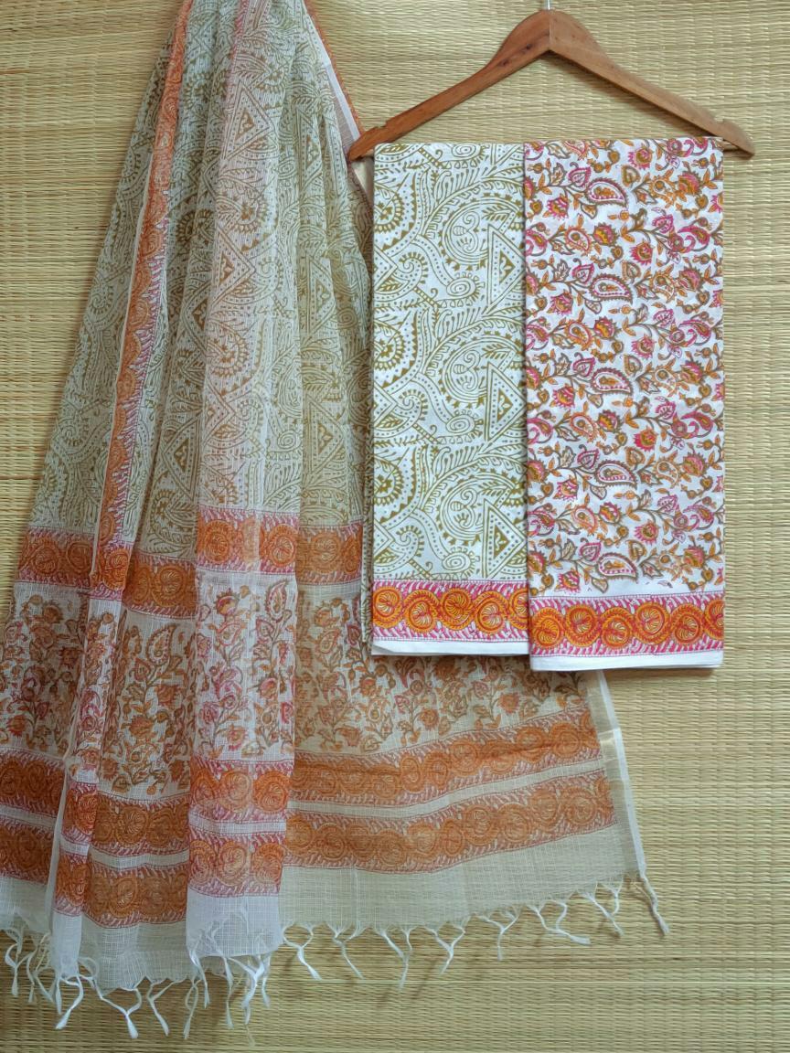 Kota Doriya Dupatta With Hand Block Printed Cotton Top-Bottom Salwar Suit Set - JBKD105